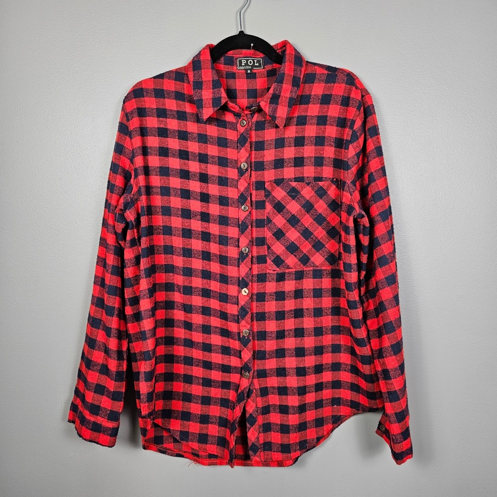 POL Womens M Flannel Shirt Buffalo Plaid Button Front Long Sleeve Top Red Navy